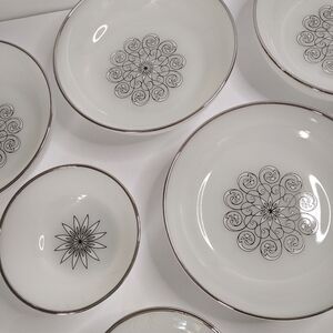 Anchor Hocking Dinnerware White Bowls Silver Rim Spiral Atomic Set Of 6